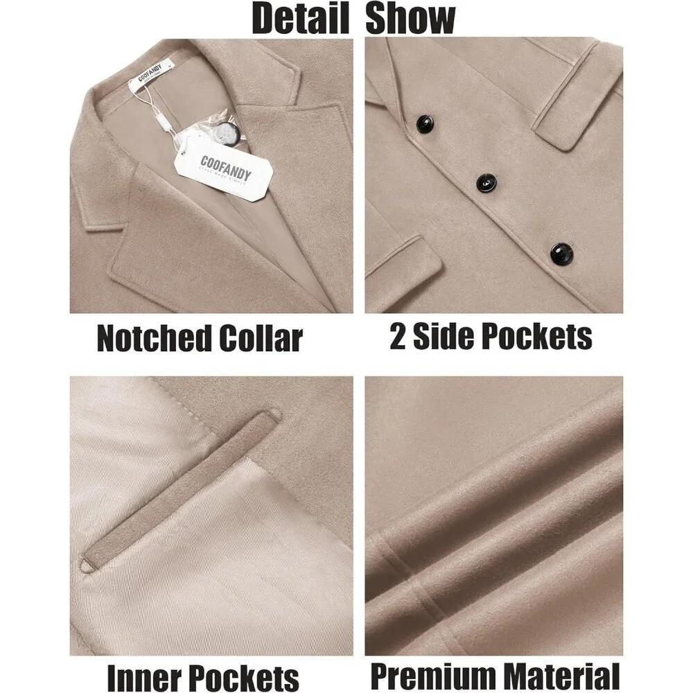 Men's Khaki Trench Coat Long Casual Overcoat Notched Collar Wool Blend Pea coat